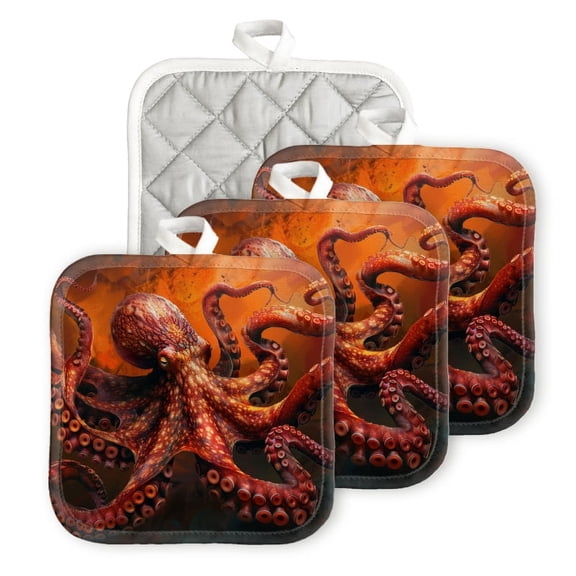 BaHomeck Pot Holders 4pcs dacron Made Square heat-resisting mat Machine Washable for Kitchen Oven Hot Pads 6.7inch*6.7inch,Red Octopus On The Dark Orange And Light Crimson Background