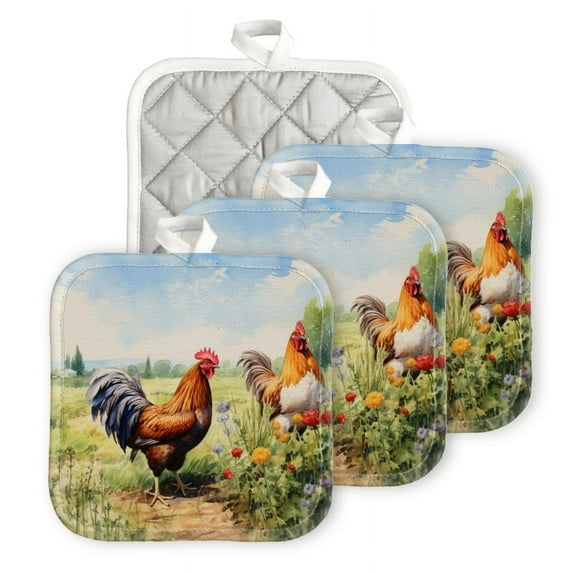 Bahomeck Pot Holder 4Pcs,Roosters In Field With Flowers On Sunny Day Square Heat Resistant Hot Pads For Kitchen Cooking Oven With Hanging Loop Potholder Easy To Store