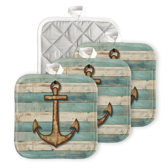 Bahomeck Pot Holder 4Pcs,Rustic Wooden Anchor On Weathered Blue And White Striped Background Square Heat Resistant Hot Pads For Kitchen Cooking Oven With Hanging Loop Potholder Easy To Store
