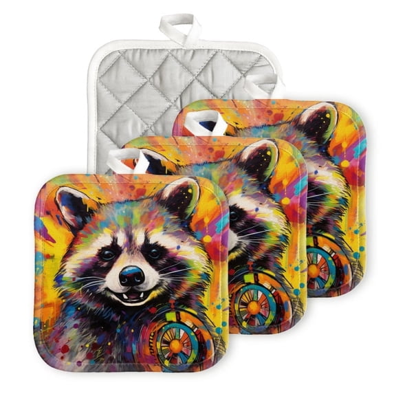 Bahomeck Pot Holder 4Pcs,Smiling Raccoon Holding Colorful Dreamcatcher Square Heat Resistant Hot Pads For Kitchen Cooking Oven With Hanging Loop Potholder Easy To Store