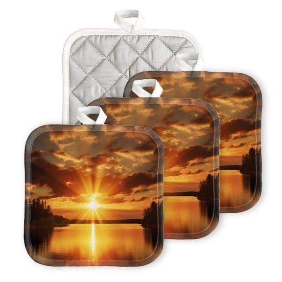 Bahomeck Pot Holder 4Pcs,Stunning Sunset Over The Serene Waters Of Vast Lake Square Heat Resistant Hot Pads For Kitchen Cooking Oven With Hanging Loop Potholder Easy To Store