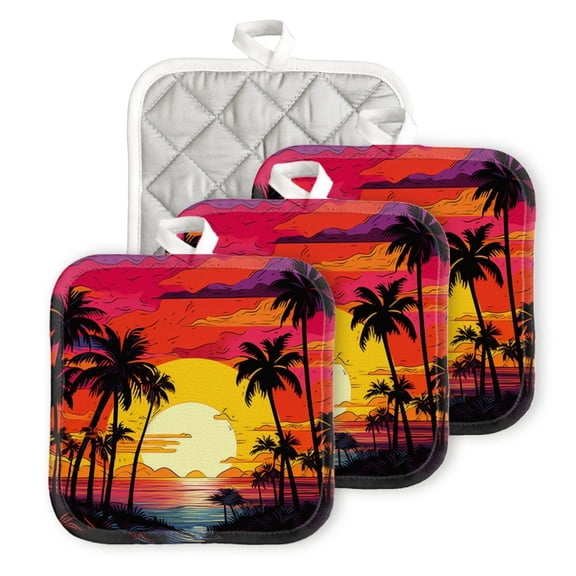 Bahomeck Pot Holder 4Pcs,Sunset On The Beach With Palm Trees Square Heat Resistant Hot Pads For Kitchen Cooking Oven With Hanging Loop Potholder Easy To Store