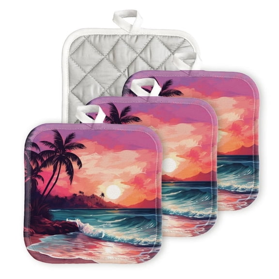 Bahomeck Pot Holder 4Pcs,Sunset On The Beach With Palm Trees And Waves Square Heat Resistant Hot Pads For Kitchen Cooking Oven With Hanging Loop Potholder Easy To Store
