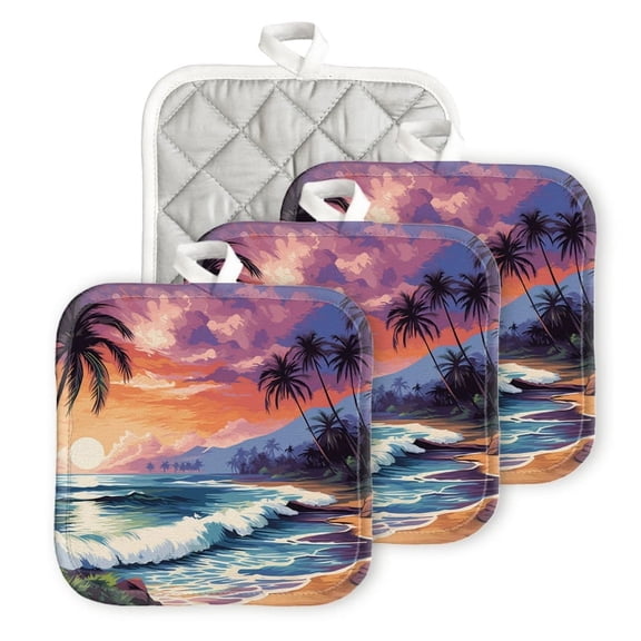 Bahomeck Pot Holder 4Pcs,Sunset Over The Palm Trees On Exotic Beach Square Heat Resistant Hot Pads For Kitchen Cooking Oven With Hanging Loop Potholder Easy To Store