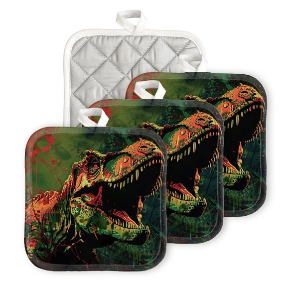 Bahomeck Pot Holder 4Pcs,T-Rex With Open Mouth And Sharp Teeth Square Heat Resistant Hot Pads For Kitchen Cooking Oven With Hanging Loop Potholder Easy To Store