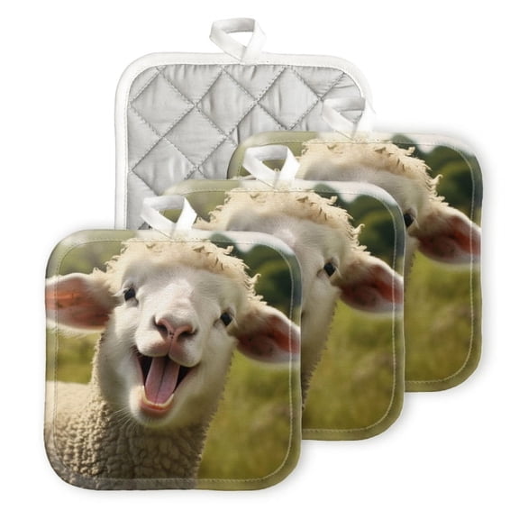 BaHomeck Pot Holders 4pcs dacron Made Square heat-resisting mat Machine Washable for Kitchen Oven Hot Pads 6.7inch*6.7inch,The Sheep Is Laughing With An Open Mouth