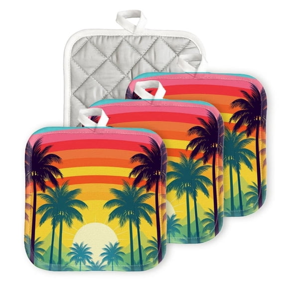 Bahomeck Pot Holder 4Pcs,Tropical Palm Trees And Rainbow Sunset Background Square Heat Resistant Hot Pads For Kitchen Cooking Oven With Hanging Loop Potholder Easy To Store