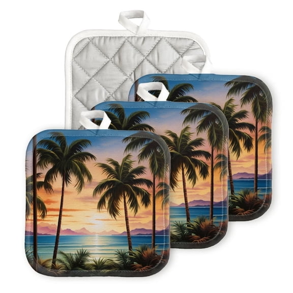 Bahomeck Pot Holder 4Pcs,Tropical Sunset With Palm Trees And Ocean View Square Heat Resistant Hot Pads For Kitchen Cooking Oven With Hanging Loop Potholder Easy To Store