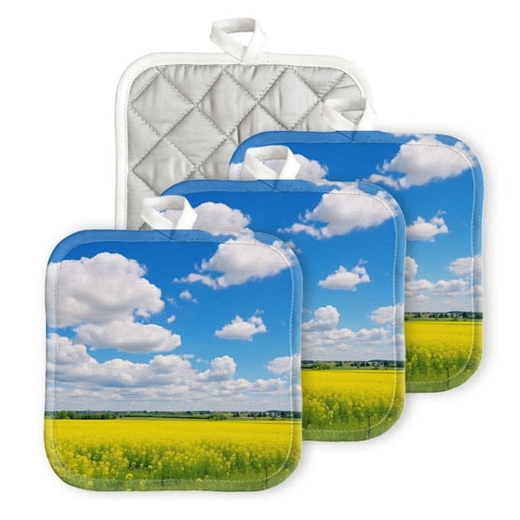 Bahomeck Pot Holder 4Pcs,Vast Field Of Rapeseed Flowers Under The Blue Sky Square Heat Resistant Hot Pads For Kitchen Cooking Oven With Hanging Loop Potholder Easy To Store