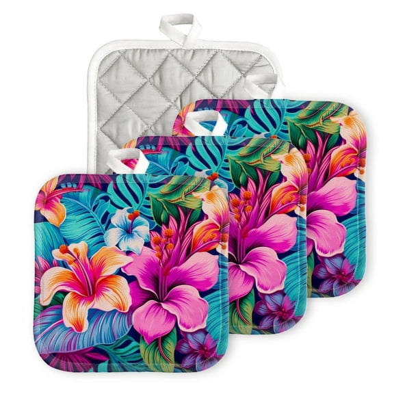 Bahomeck Pot Holder 4Pcs,Vibrant And Colorful Pattern Featuring Tropical Flowers Square Heat Resistant Hot Pads For Kitchen Cooking Oven With Hanging Loop Potholder Easy To Store