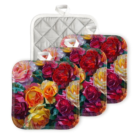 Bahomeck Pot Holder 4Pcs,Vibrant Painting Of Roses In Various Colors Square Heat Resistant Hot Pads For Kitchen Cooking Oven With Hanging Loop Potholder Easy To Store