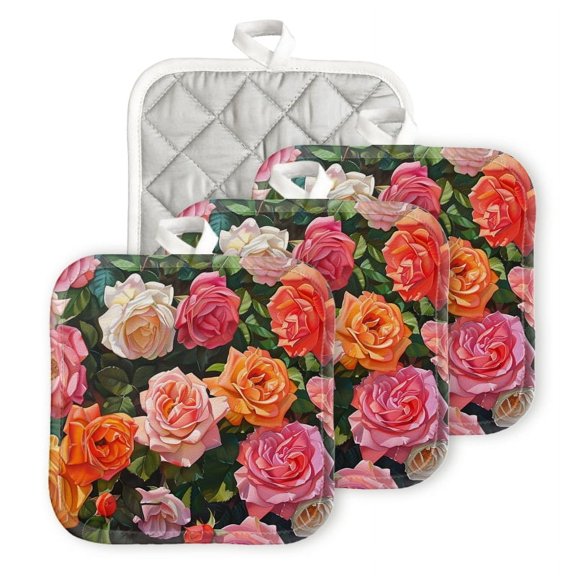 BaHomeck Pot Holders 4pcs dacron Made Square heat-resisting mat Machine Washable for Kitchen Oven Hot Pads 6.7inch*6.7inch,Vibrant Painting Of Roses In Various Shades