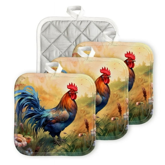Bahomeck Pot Holder 4Pcs,Vibrant Rooster Standing Tall In The Center Of Idyllic Farm Scene Square Heat Resistant Hot Pads For Kitchen Cooking Oven With Hanging Loop Potholder Easy To Store