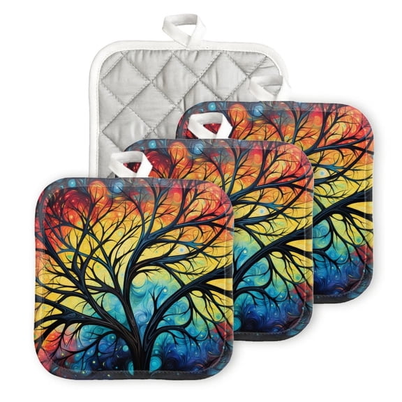 Bahomeck Pot Holder 4Pcs,Vibrant Tree Of Life With Branches That Intertwine Square Heat Resistant Hot Pads For Kitchen Cooking Oven With Hanging Loop Potholder Easy To Store