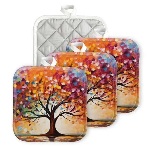 Bahomeck Pot Holder 4Pcs,Vibrant Tree Of Life With Leaves In Various Colors (2) Square Heat Resistant Hot Pads For Kitchen Cooking Oven With Hanging Loop Potholder Easy To Store