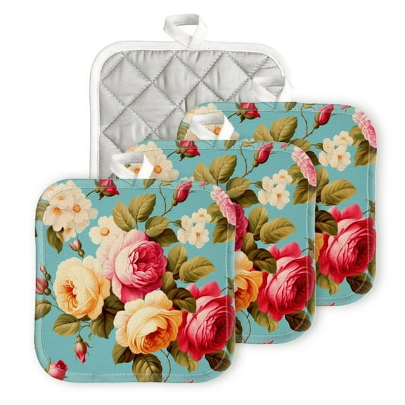 Bahomeck Pot Holder 4Pcs,Vintage Floral Pattern With Roses On Blue Background Square Heat Resistant Hot Pads For Kitchen Cooking Oven With Hanging Loop Potholder Easy To Store