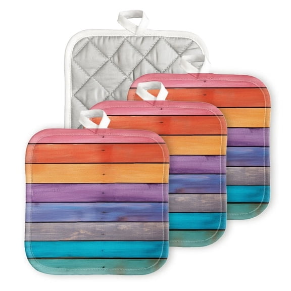 Bahomeck Pot Holder 4Pcs,Wall Made Of Reclaimed Wood With Rainbow Color Square Heat Resistant Hot Pads For Kitchen Cooking Oven With Hanging Loop Potholder Easy To Store