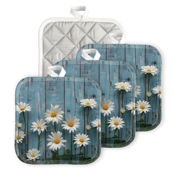 BaHomeck Pot Holders 4pcs dacron Made Square heat-resisting mat Machine Washable for Kitchen Oven Hot Pads 6.7inch*6.7inch,White Daisies Against Blue Wooden Background