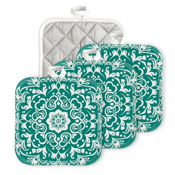 Bahomeck Pot Holder 4Pcs,White Ornament On Emerald Background Square Heat Resistant Hot Pads For Kitchen Cooking Oven With Hanging Loop Potholder Easy To Store