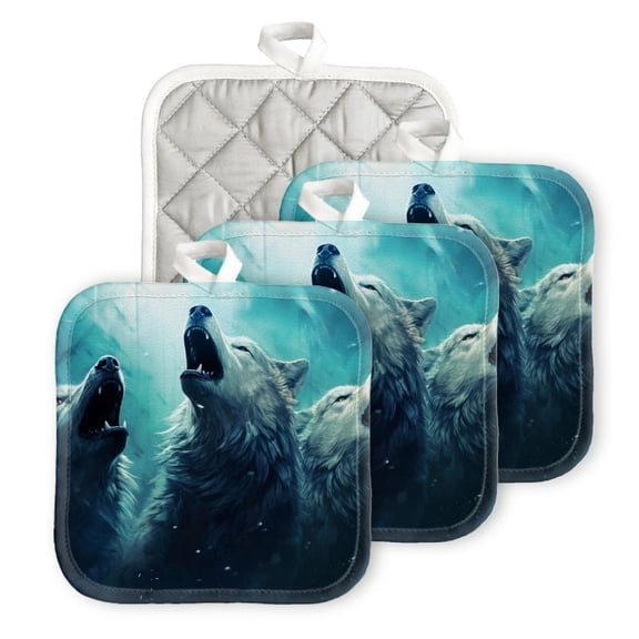 Bahomeck Pot Holder 4Pcs,White Wolves Howling In The Style Of Fantasy Art Square Heat Resistant Hot Pads For Kitchen Cooking Oven With Hanging Loop Potholder Easy To Store