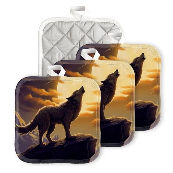 Bahomeck Pot Holder 4Pcs,Wolf Howled In Front Of The Mountain Under The Full Moon Square Heat Resistant Hot Pads For Kitchen Cooking Oven With Hanging Loop Potholder Easy To Store