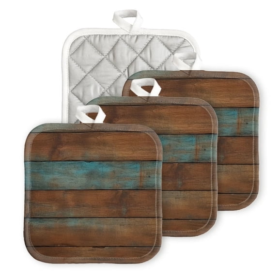 BaHomeck Pot Holders 4pcs dacron Made Square heat-resisting mat Machine Washable for Kitchen Oven Hot Pads 6.7inch*6.7inch,Wooden Wall With Brown And Blue Colors