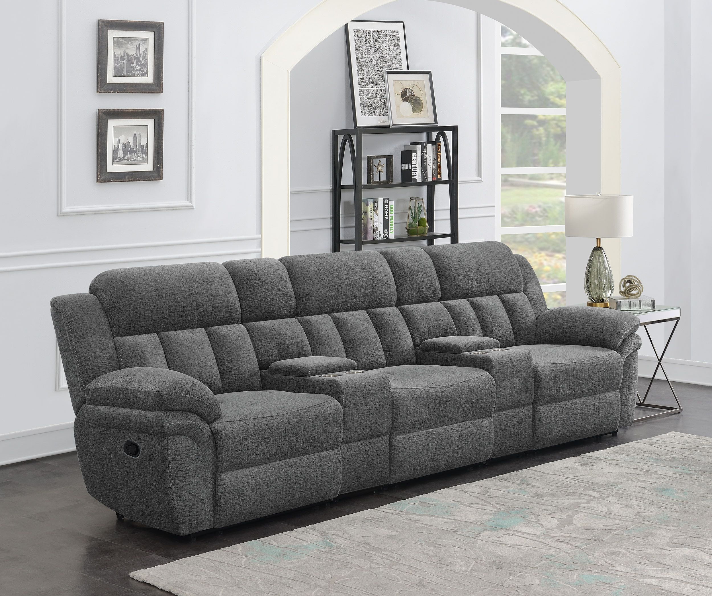 Gray Five-Piece Manual Reclining Sectional with Cup Holders and Storage