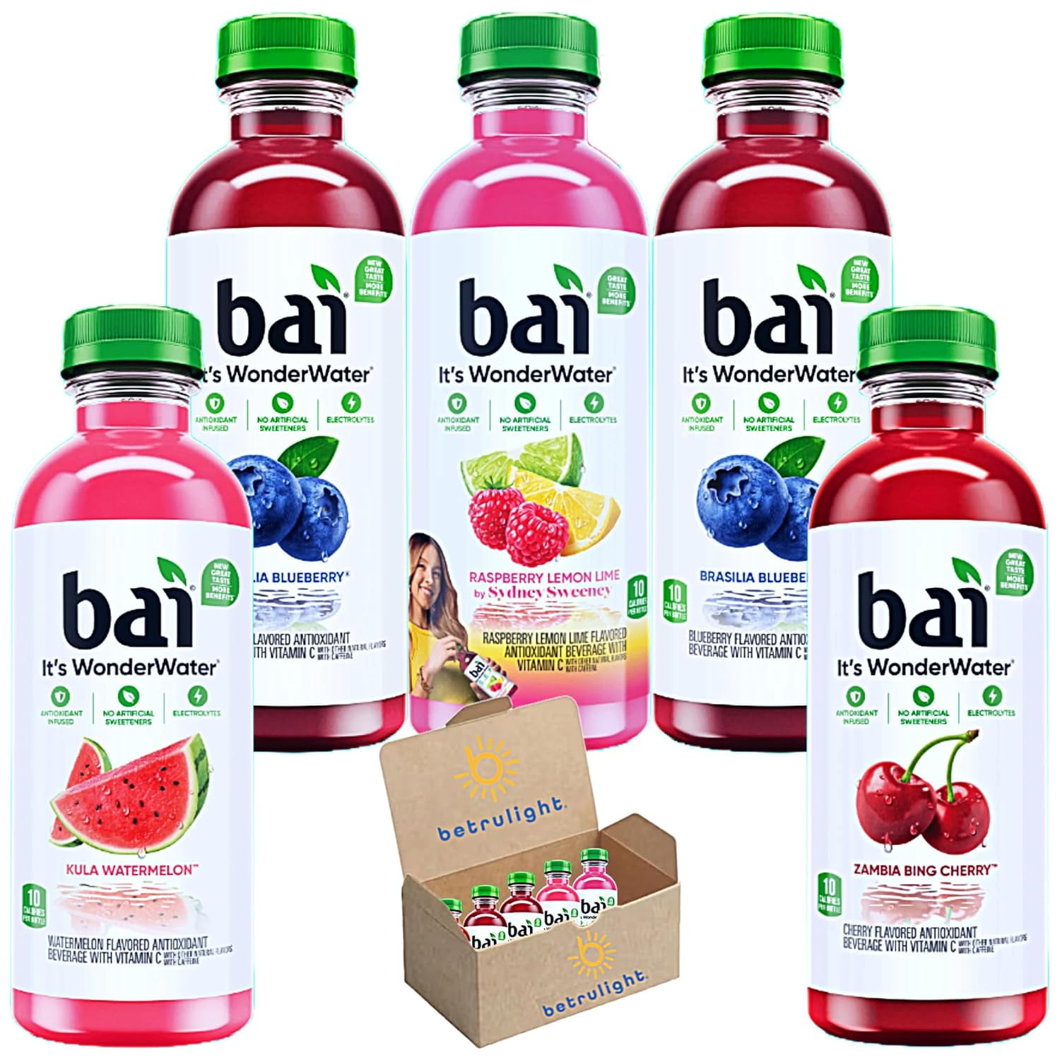 Bai Drinks | Flavored Water Assortment of Blueberry, Cherry, Watermelon, Strawberry , Clementine, Coconut is Gluten Free, Non GMO , Vegan and Kosher | Antioxidant Infused Drinks, 18 FL OZ Pack of 5