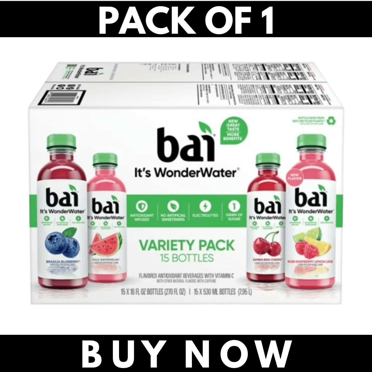 Wander Water Bai WonderWater Variety Pack, 15 Bottles, 18 oz Each – Flavored ...