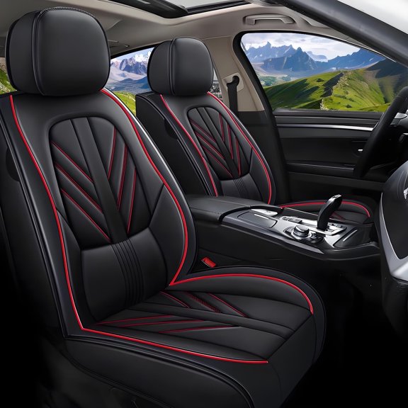 BaiCH Car Seat Covers, Breathable and Waterproof Faux Leather Automotive Seat Covers for Cars SUV Truck Sedan,Universal Anti-Slip Driver Seat Cover with Backrest (Full Seat,Black&Redline)