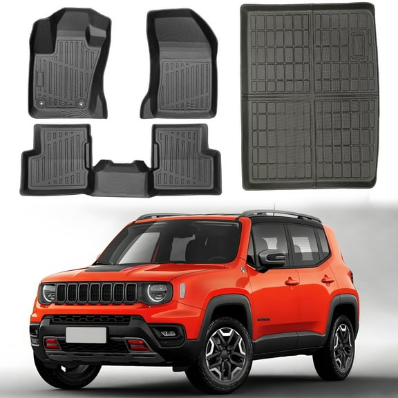BaiCH Custom Fit Floor Mats and Cargo Liner Trunk Set Compatible with Jeep Renegade 2015-2020 2021 2022 2023, All Weather Car Accessories Floor Liner, 1st and 2nd Row Car Mat Black