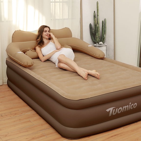 BaiCH King Size Inflatable Air Bed  Brown Wood Pattern, Portable & Foldable, with Pump, 2 Pillows & Storage Bag