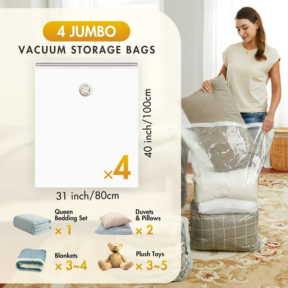 BaiTrend Vacuum Storage Bags for Comforter and Blankets 100x80cm Jumbo Vacuum Seal Bags for Bedding Space Saver Bags for Clothes (4pcs Vacuum Bags)
