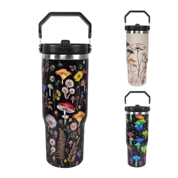 Baiheyi 30 oz Black Spill Proof Mushroom Tumbler with Top Handle and Straw Lid Stainless Steel Double Wall Insulated Tumbler Coffee Mug Gift for Women Men Cup for Car