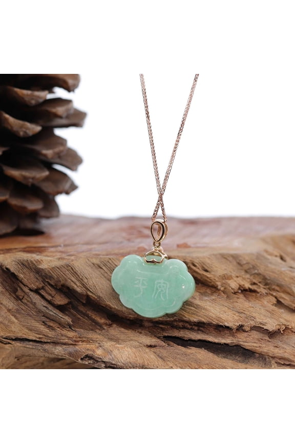 14K Yellow Gold Genuine Nephrite Green Jade Guanyin Pendant Necklace