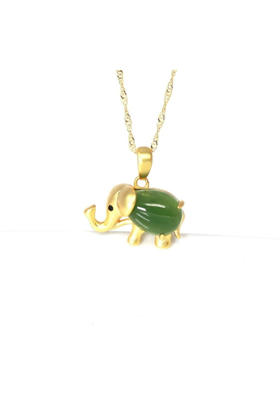 Sterling Silver Real Green Nephrite Jade Elephant Pendant Necklace