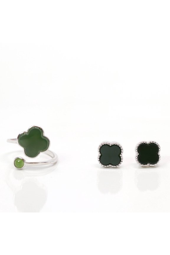 Sterling Silver Real Green Nephrite Jade Lucky Elephant Set
