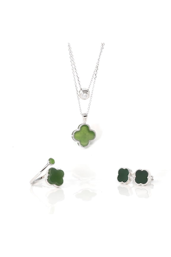 Sterling Silver Real Green Nephrite Jade Lucky Elephant Set