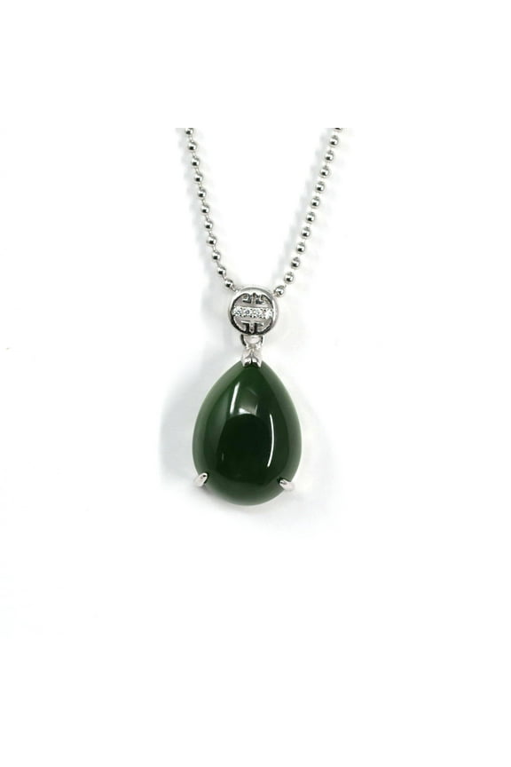 "Teardrop" Sterling Silver Real Green Jade Classic Pendant Necklace