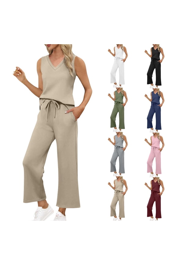 2 Piece Sets for Women Summer Casual Travel Outfits V Neck Sleeveless Crop Tops and Drawstring Long Pants Matching Set Ofertas del día Khaki S