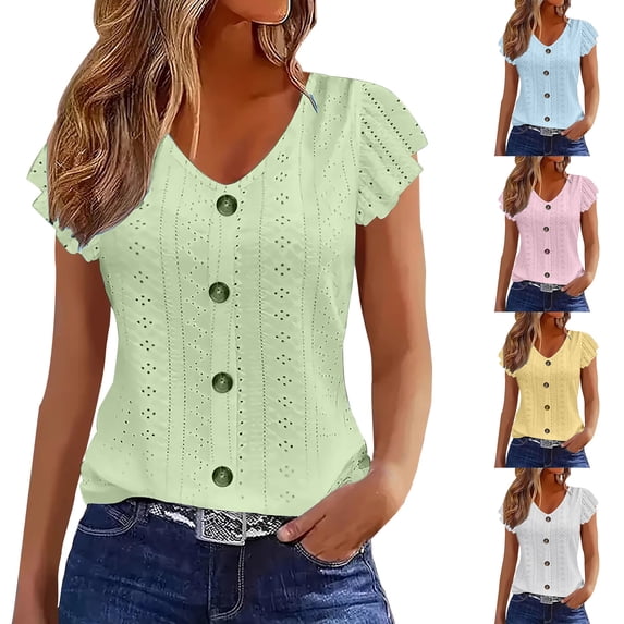 Baikeli Blouses for Women Dressy Casual V Neck Ruffle Short Sleeve Eyelet Summer Tops Button Down Lace Embroidered Shirts Liquidación Yellow L