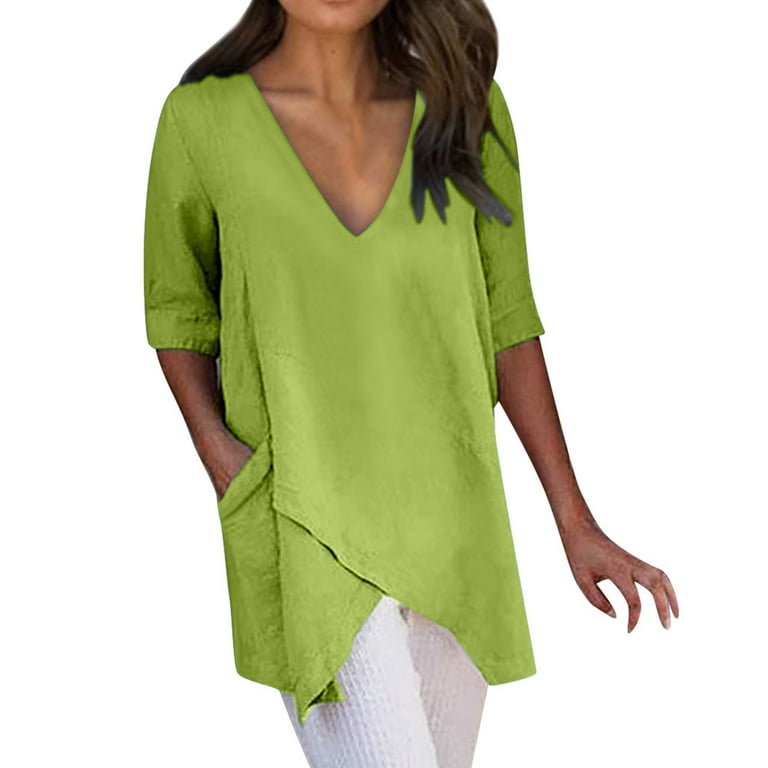 Baikeli Blusas de Verano Para Mujer Women Casual Solid Irregular V Neck Short Sleeve Pockets Top Blouse Blusas Casuales de Mujer Bonitas Walmart