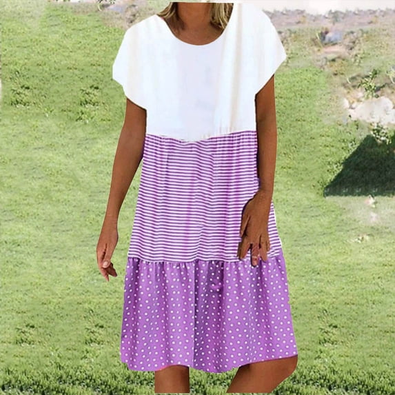 Baikeli Cheap Long Dresses for Women Women's Summer Dresses Striped Patchwork Sundresses Plus Size Beach Outfits O-Neck Mini Dress Short Sleeve Dresses Summer Dresses for Women 2024