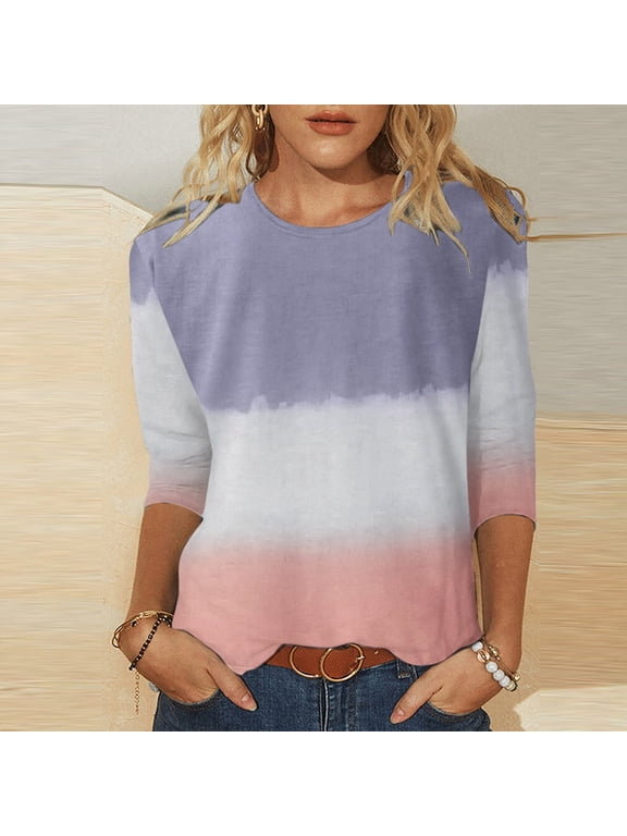 Cheap Shirts for Women Casual Shirts for Women 3/4 Length Sleeve Tops Color Block Printed Blouses Loose O-Neck Pullover Going Out T-Shirts Womens 3/4 Sleeve Tops And Blouses