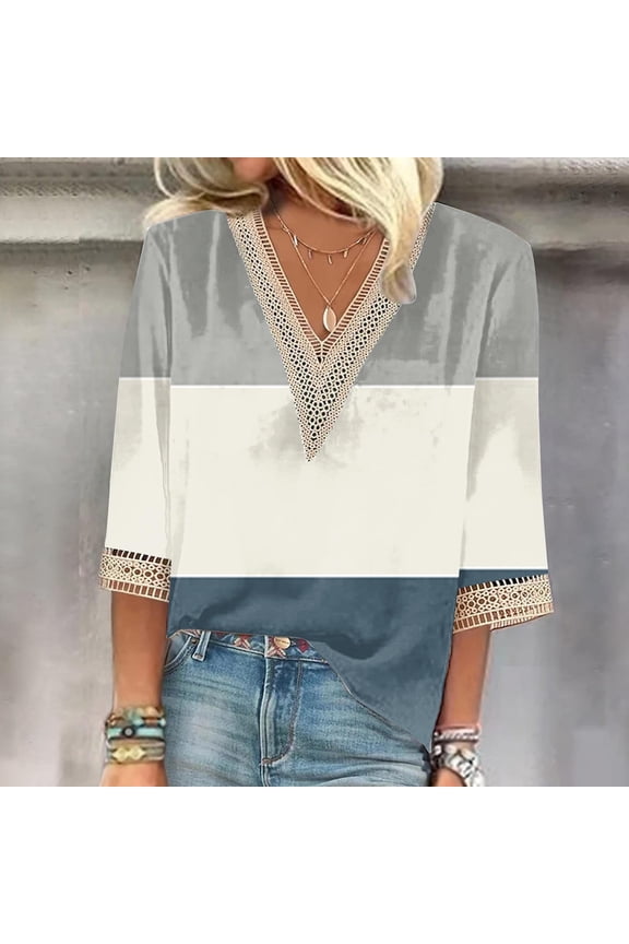 Cheap Shirts for Women Women's Printed Pullover V-Neck Lace T-Shirt With 4/3 Sleeves And 3/4 Sleeves Top 3/4 Sleeve Blouses for Women