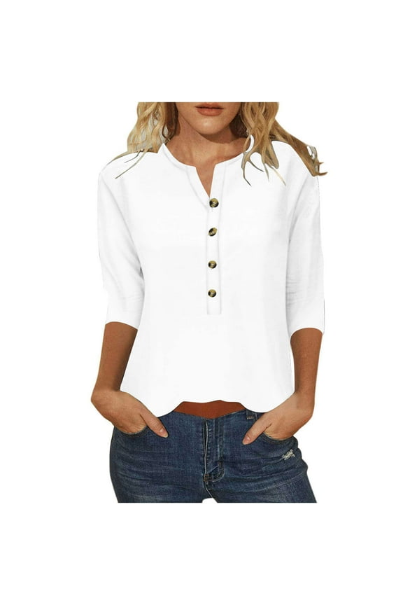 Cheap Summer Tops for Women 3/4 Length Sleeve Women's Tops Casual Plus Size Blouses Solid Color Pullover Loose Vneck T-Shirts Basic Button Tee Summer Tops for Women 2024