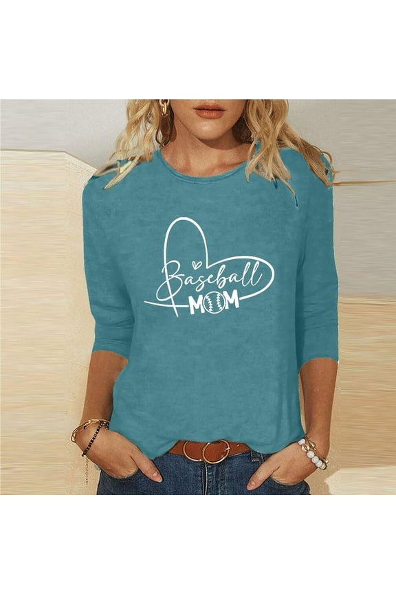 Cheap Summer Tops for Women Mother'S Day 3/4 Sleeve Tops for Women Round Neck Daily Shirts Casual Letter Printed Blouses Relaxed Fit Pullover Summer Blouses for Women 2024