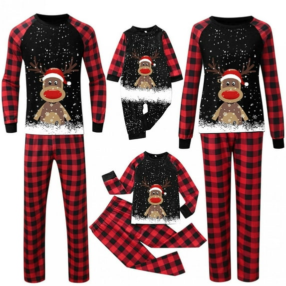Baikeli Christmas Pajamas for Family Funny Elk Deer Graphic Matching Pjs Sets Soft Red and Black Plaid Long Sleeve Sleepwear
