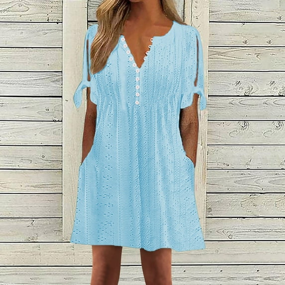Baikeli Clearance Boho Dresses Women's Fashion Solid Color Short Sleeve V-Neck Mid-Calf Dress Womens Dressas