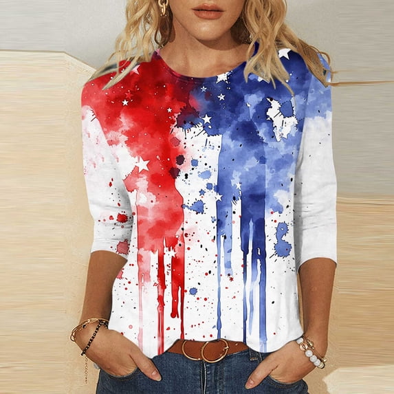 Baikeli Clearance Sale Women's Independence Day Fashion Printed Round Neck 3/4 Sleeve T-Shirt Top Plus Size 3/4 Sleeve Tops for Women